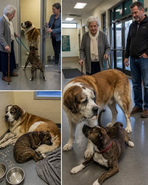 An Elderly Woman Could Take Only One Shelter Dog, So the Old Saint Bernard Gave Her His Smaller Friend—Then She Returned With Two Leashes